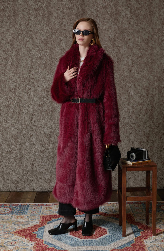 Tüylü Bordo Maksi Kürk Kaban - Fatma Atasoy