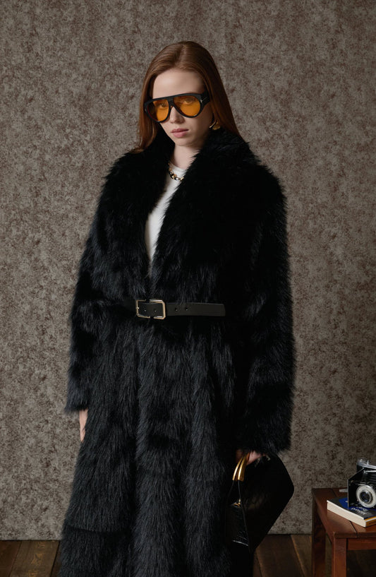 Tüylü Siyah Maksi Kürk Kaban - Fatma Atasoy