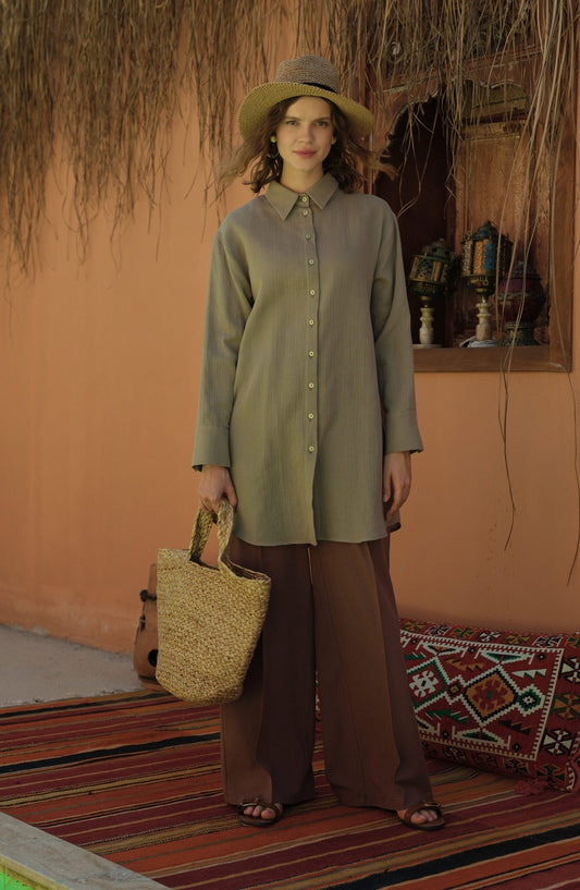 Ütü İzli Kahve Keten Pantolon - Fatma Atasoy