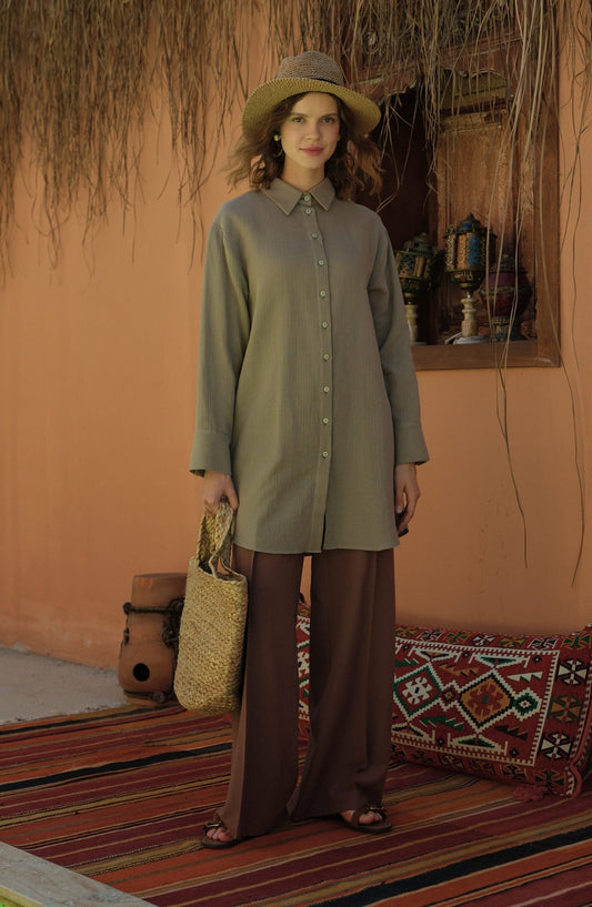 Ütü İzli Kahve Keten Pantolon - Fatma Atasoy