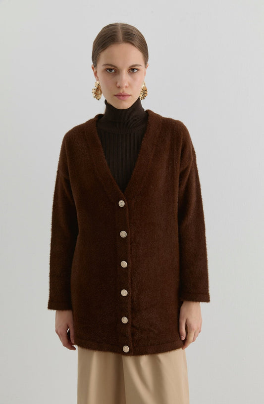 V Yaka Acı Kahve Yumoş Triko Hırka - Fatma Atasoy