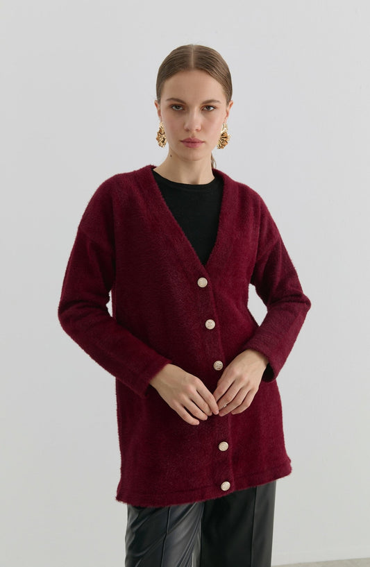 V Yaka Bordo Yumoş Triko Hırka - Fatma Atasoy