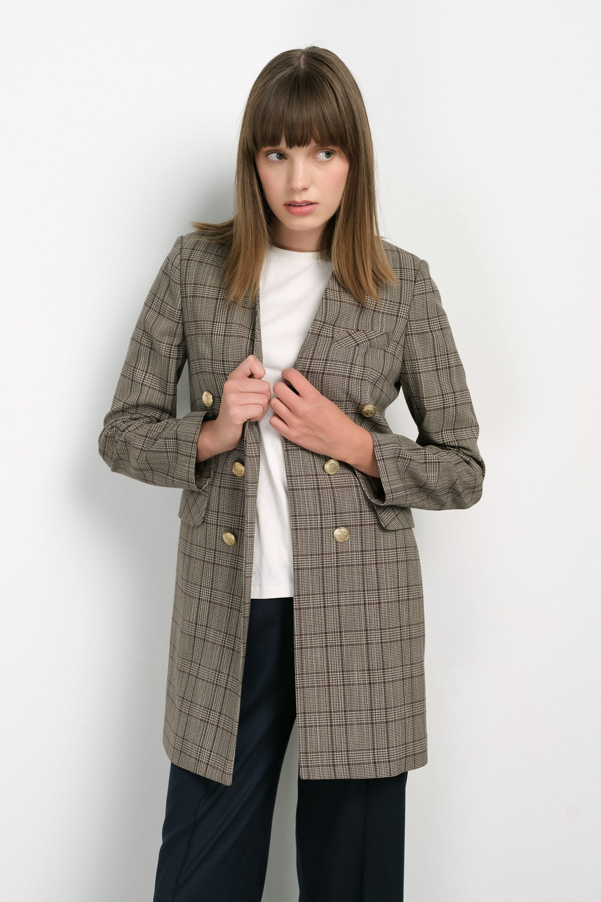 V Yaka Ekose Kahverengi Ceket - Fatma Atasoy