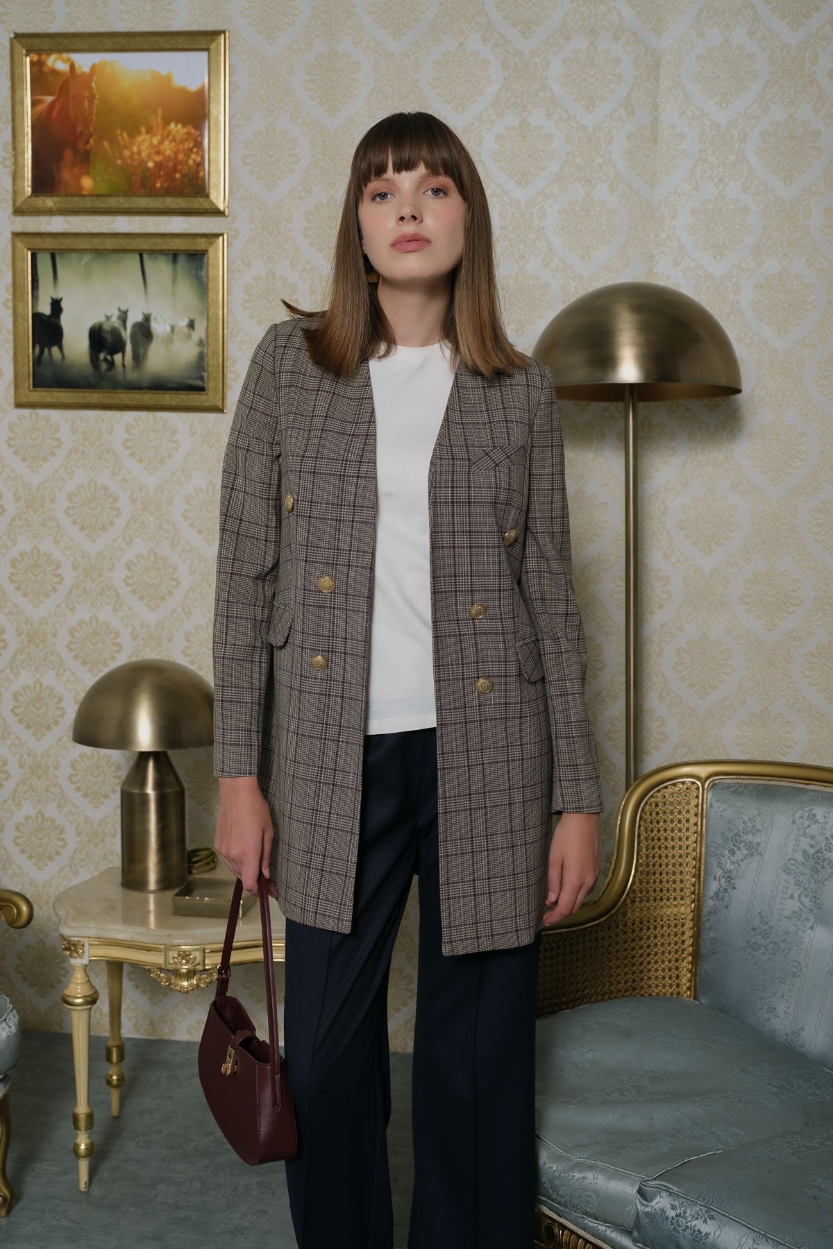 V Yaka Ekose Kahverengi Ceket - Fatma Atasoy