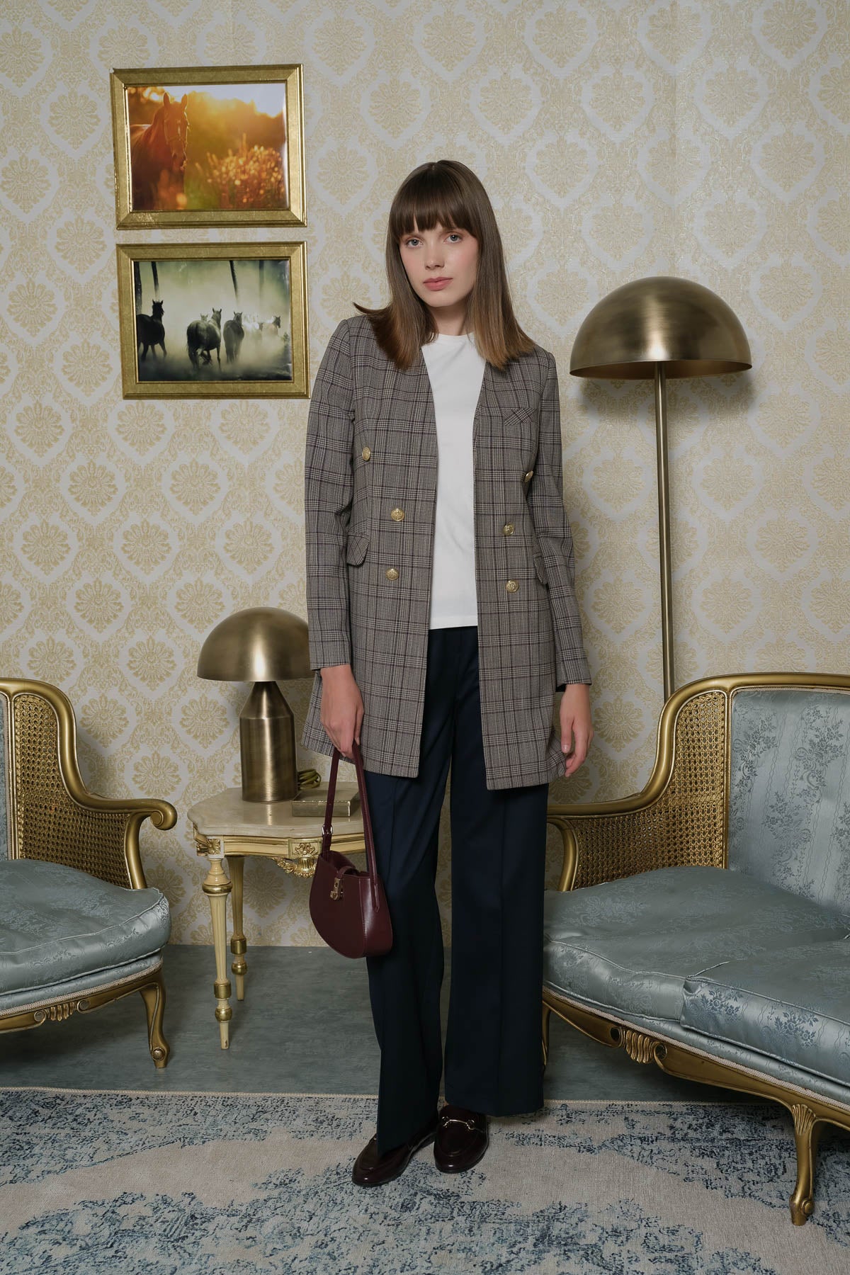 V Yaka Ekose Kahverengi Ceket - Fatma Atasoy