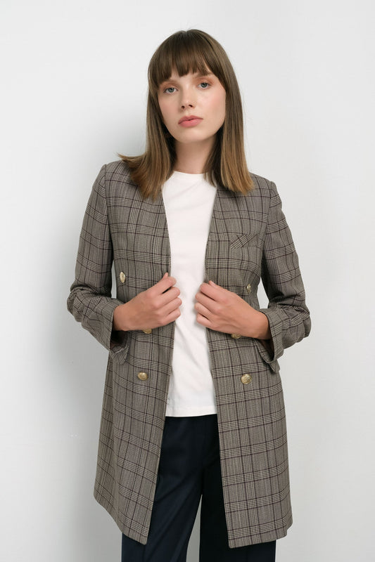 V Yaka Ekose Kahverengi Ceket - Fatma Atasoy