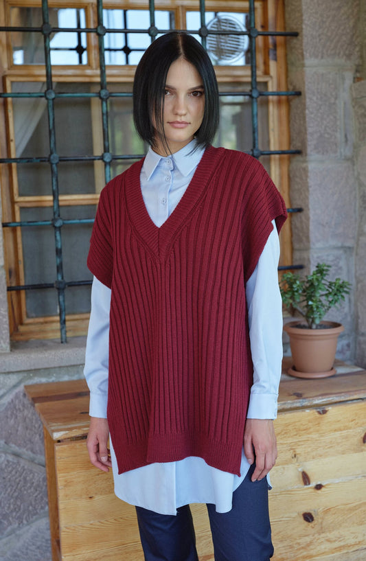 V Yaka Fitilli Bordo Triko Süveter - Fatma Atasoy