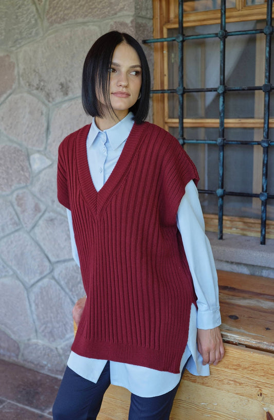 V Yaka Fitilli Bordo Triko Süveter - Fatma Atasoy