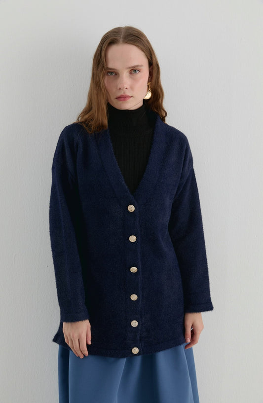 V Yaka Koyu Lacivert Yumoş Triko Hırka - Fatma Atasoy