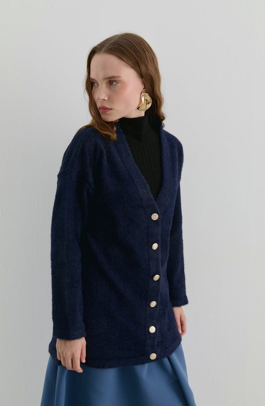 V Yaka Koyu Lacivert Yumoş Triko Hırka - Fatma Atasoy