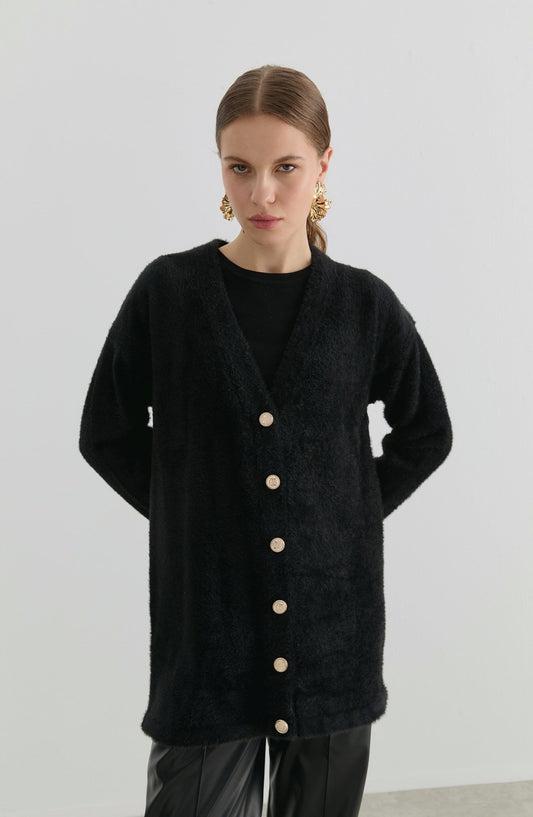 V Yaka Siyah Yumoş Triko Hırka - Fatma Atasoy