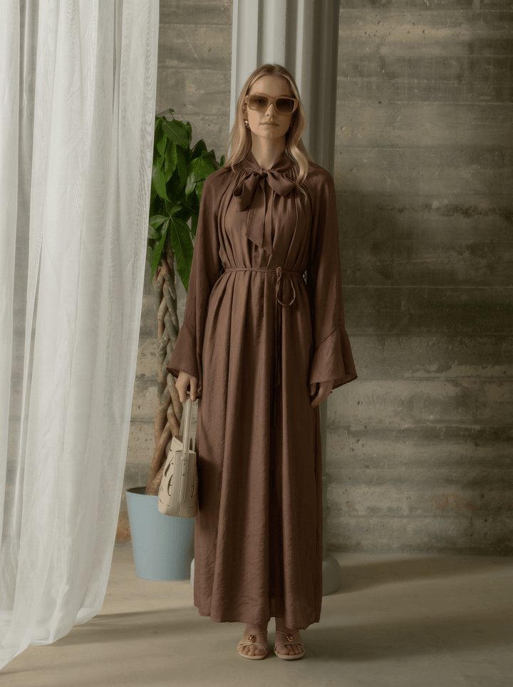 Volanlı Bağlamalı Acı Kahve Soft Touch Tensel Elbise - Fatma Atasoy