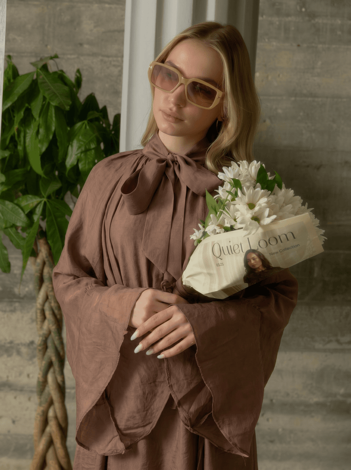 Volanlı Bağlamalı Acı Kahve Soft Touch Tensel Elbise - Fatma Atasoy