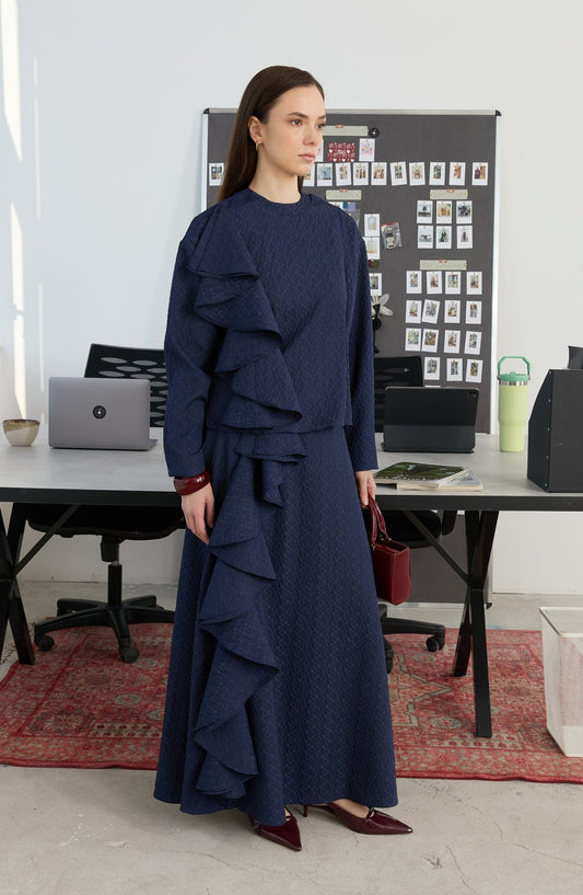 Volanlı Lacivert Etek Bluz Takım - Fatma Atasoy