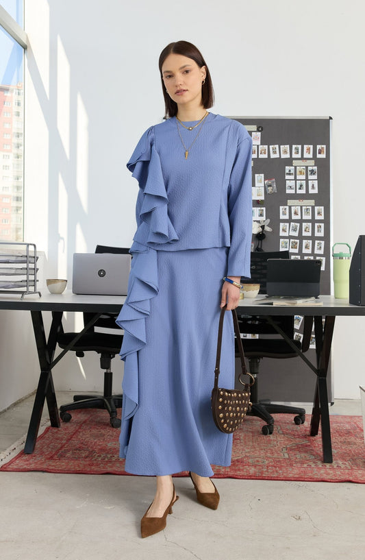 Volanlı Mavi Etek Bluz Takım - Fatma Atasoy