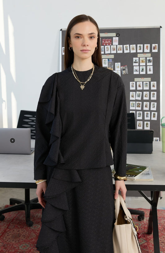 Volanlı Siyah Etek Bluz Takım - Fatma Atasoy