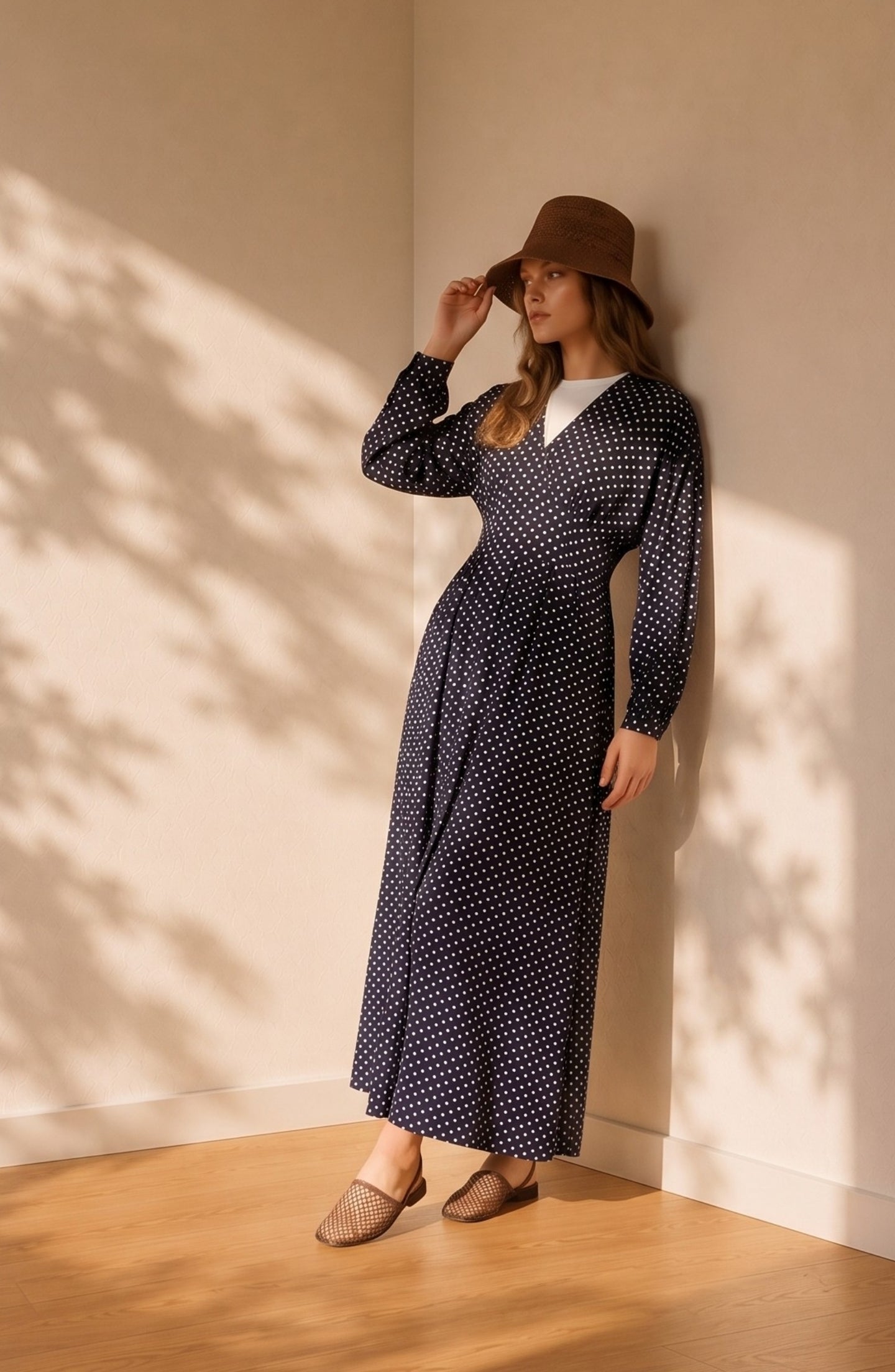 V Yaka Pileli Siyah Puantiye Desenli Viskon Elbise