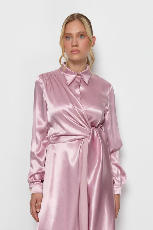 Yan Bağlamalı Saten Pembe Elbise - Fatma Atasoy
