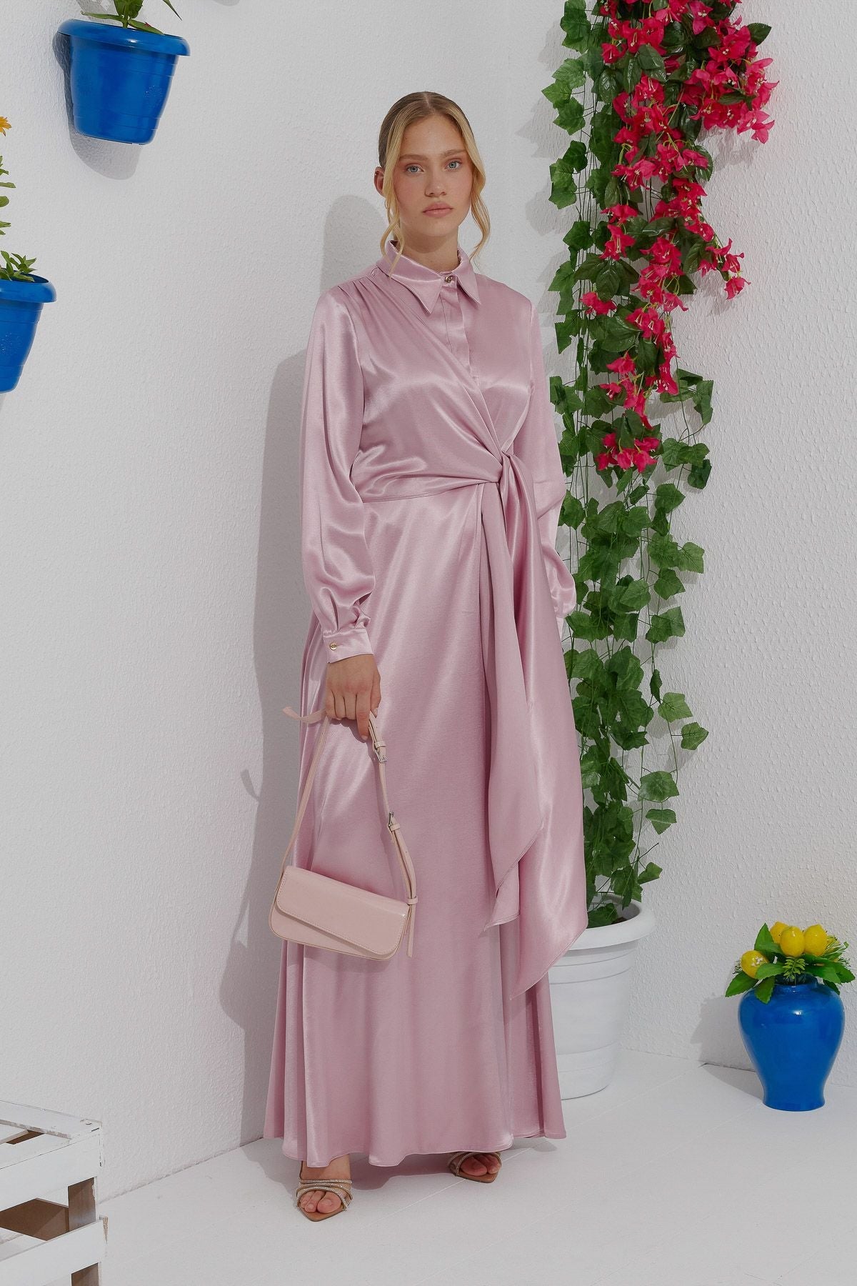 Yan Bağlamalı Saten Pembe Elbise - Fatma Atasoy