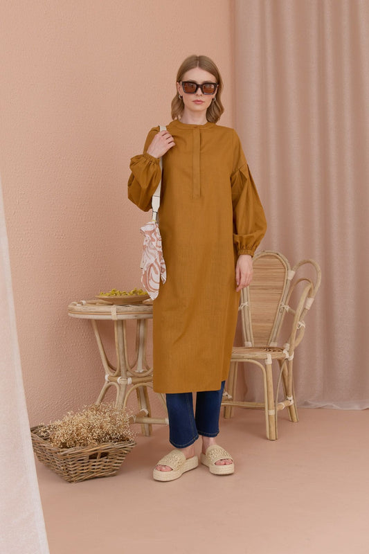 Yarım Patlı Keten Gömlek Fındık Kabuğu - Fatma Atasoy