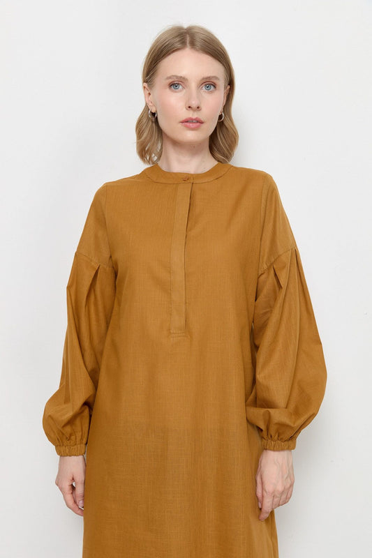 Yarım Patlı Keten Gömlek Fındık Kabuğu - Fatma Atasoy
