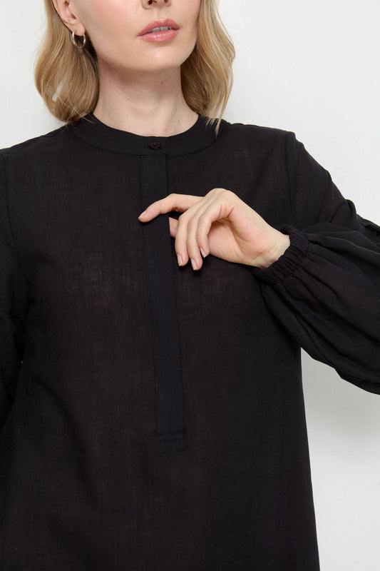 Yarım Patlı Keten Gömlek Siyah - Fatma Atasoy