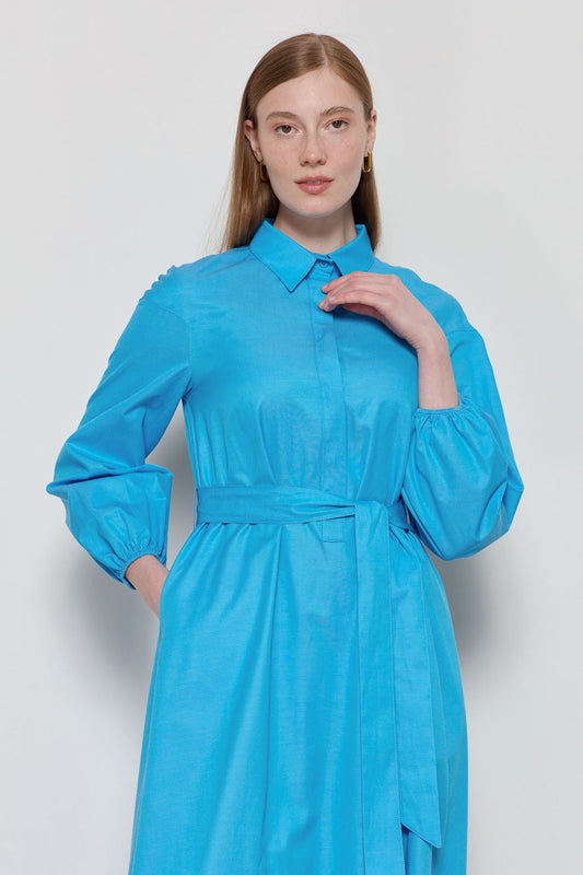 Yarım Patlı Pamuk Saten Gömlek Elbise Mavi - Fatma Atasoy