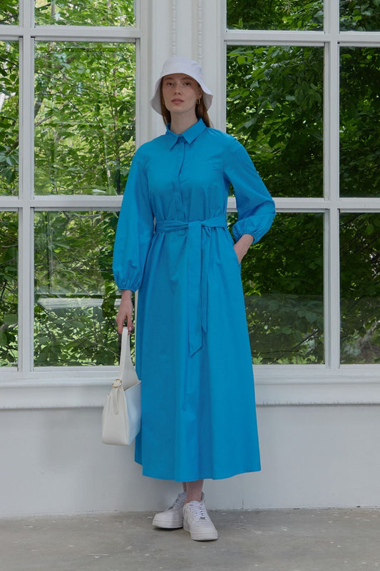 Yarım Patlı Pamuk Saten Gömlek Elbise Mavi - Fatma Atasoy