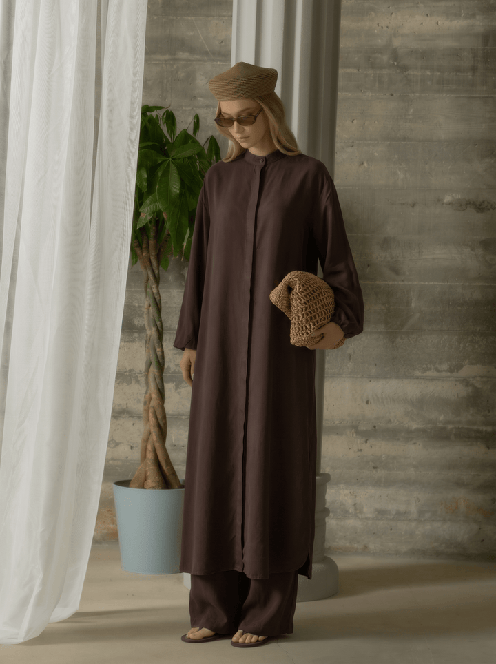 Yırtmaçlı Acı Kahve Soft Touch Viskon Maksi Tunik İkili Takım - Fatma Atasoy