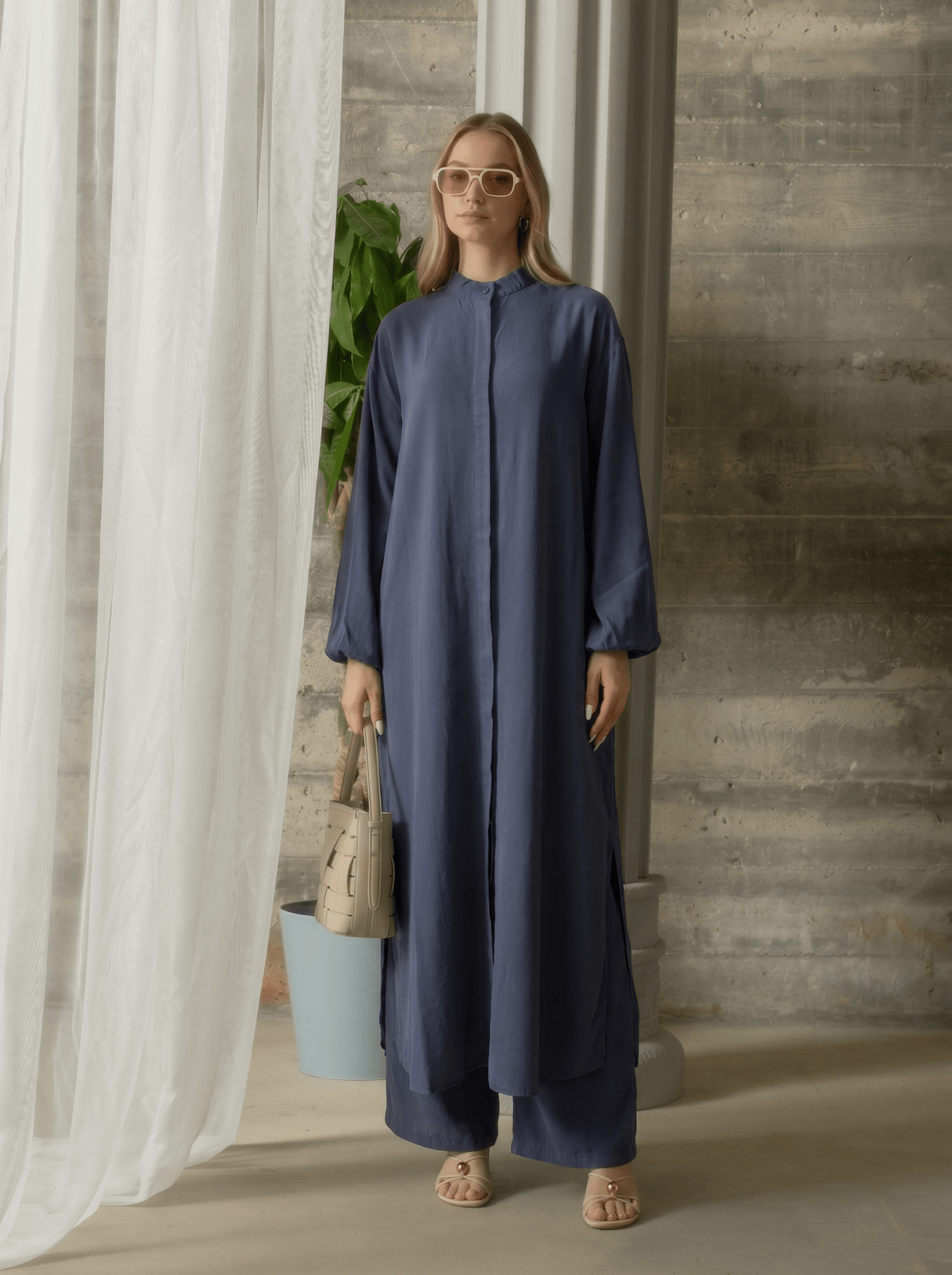 Yırtmaçlı Lacivert Soft Touch Viskon Maksi Tunik İkili Takım - Fatma Atasoy
