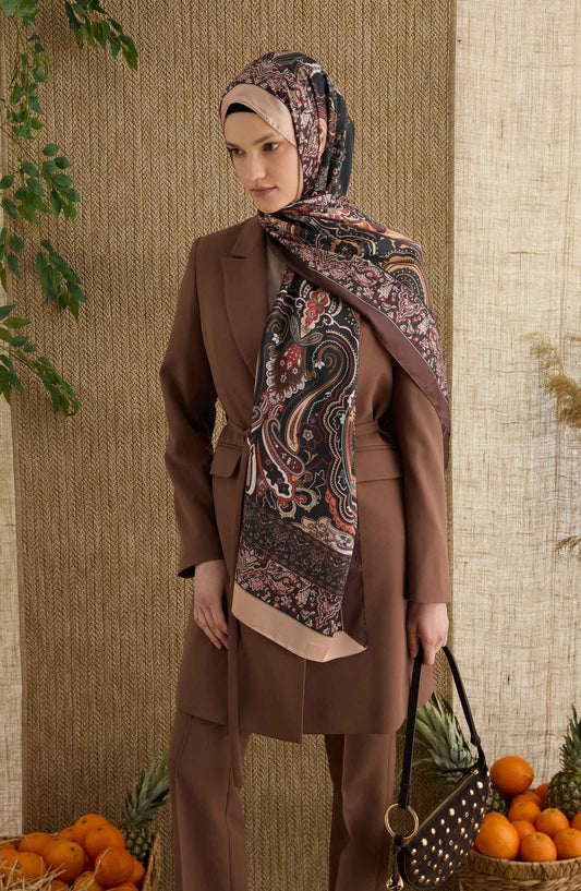Zenia Acı Kahve Vual İpek Şal - Fatma Atasoy