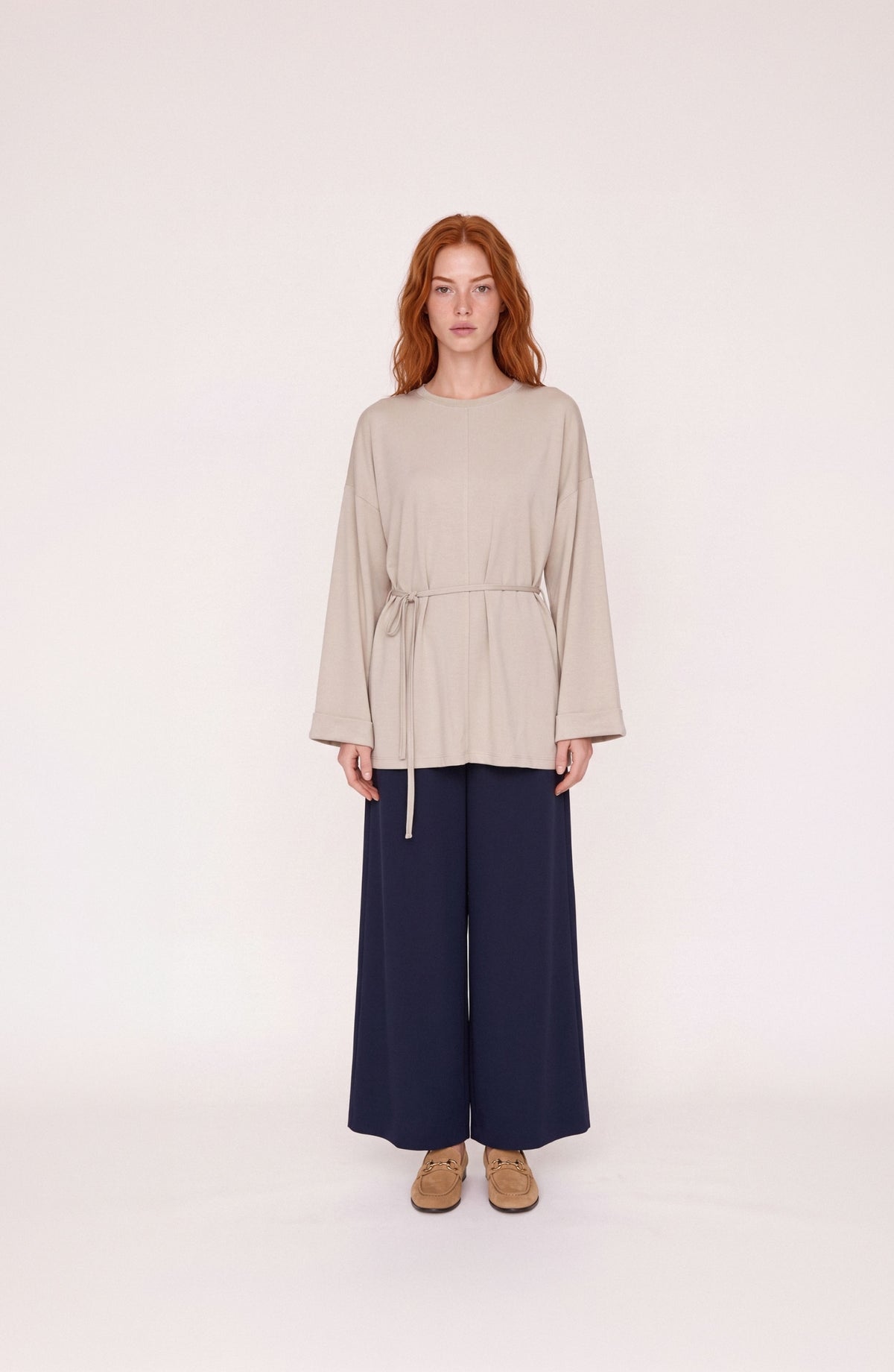 Bel Bağlama Detaylı Taş Viskon Basic Sweatshirt