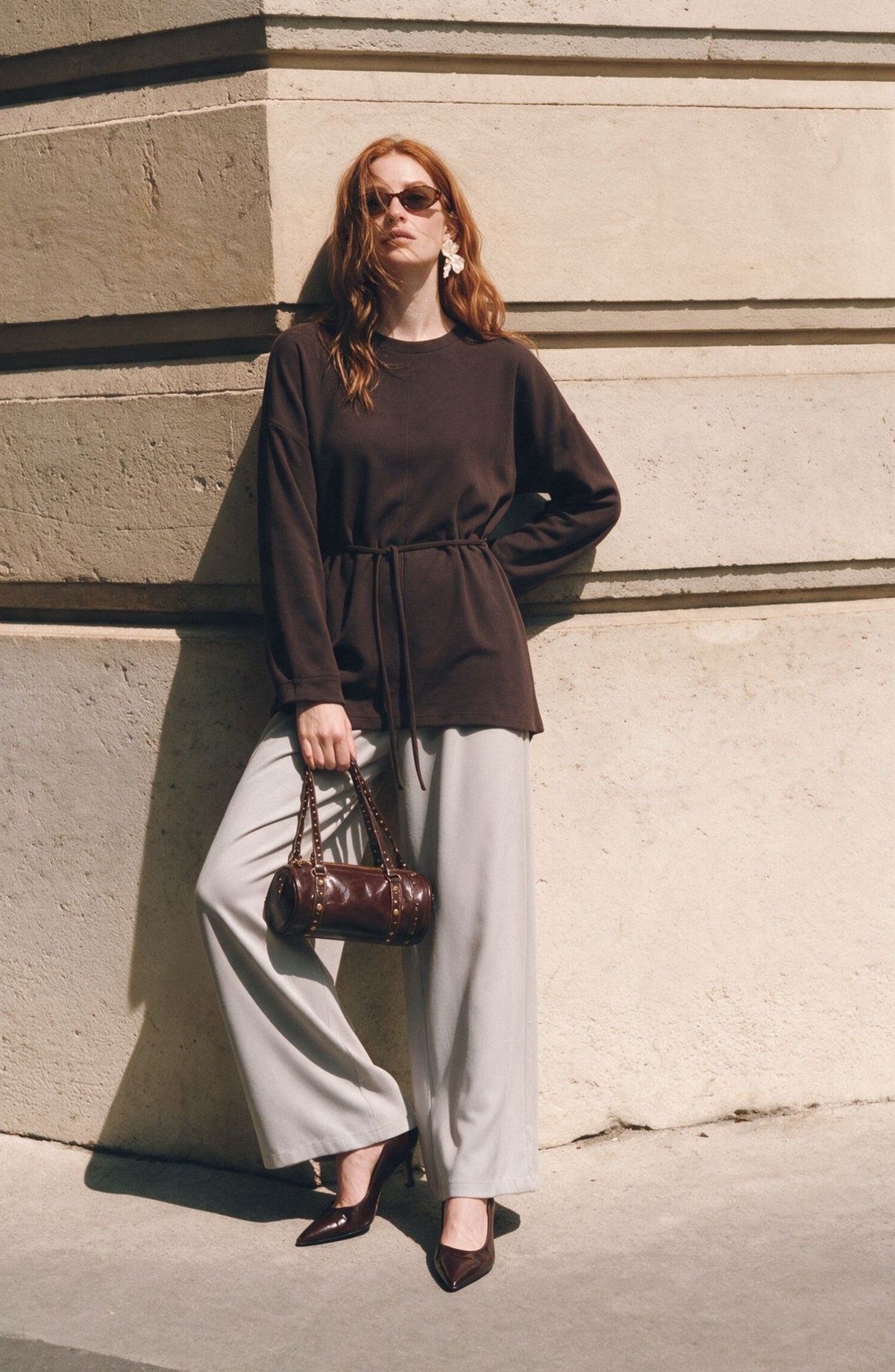 Bel Bağlama Detaylı Acı Kahve Viskon Basic Sweatshirt