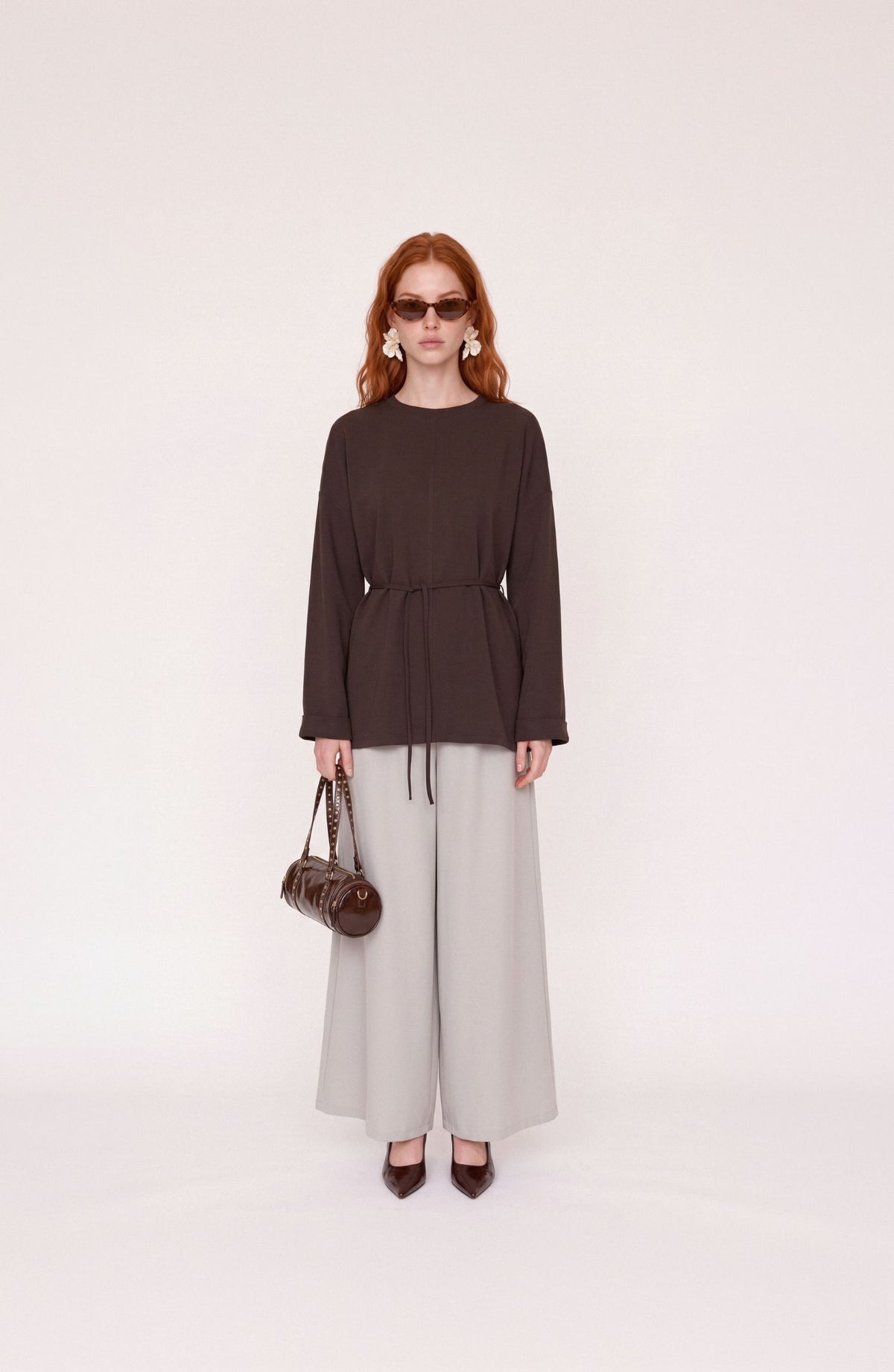 Bel Bağlama Detaylı Acı Kahve Viskon Basic Sweatshirt