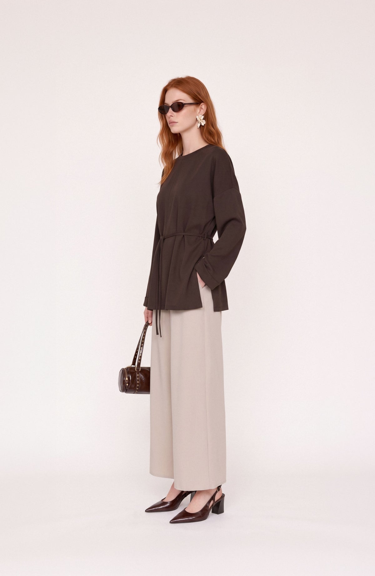 Bel Bağlama Detaylı Acı Kahve Viskon Basic Sweatshirt
