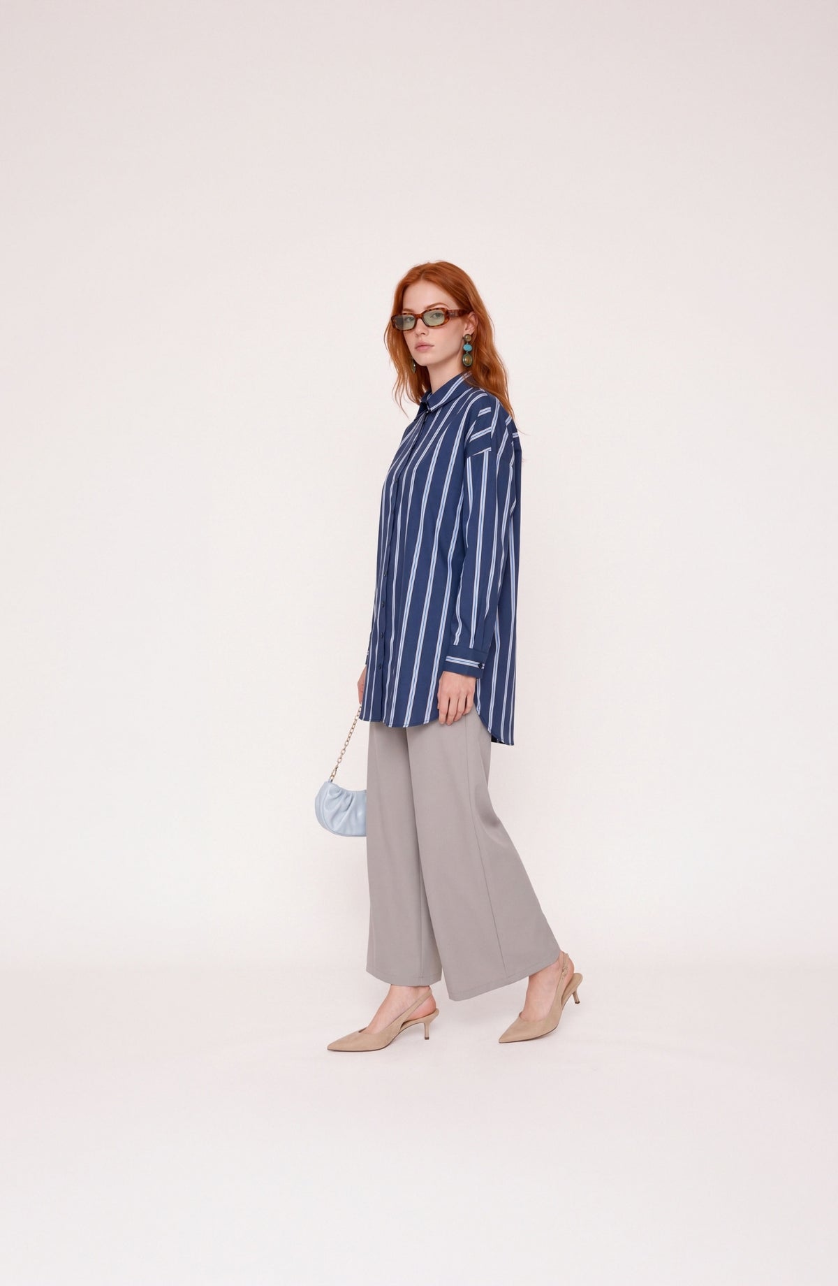 Basic Bebe Mavi-Lacivert Çizgili Oversize Pamuk Gömlek