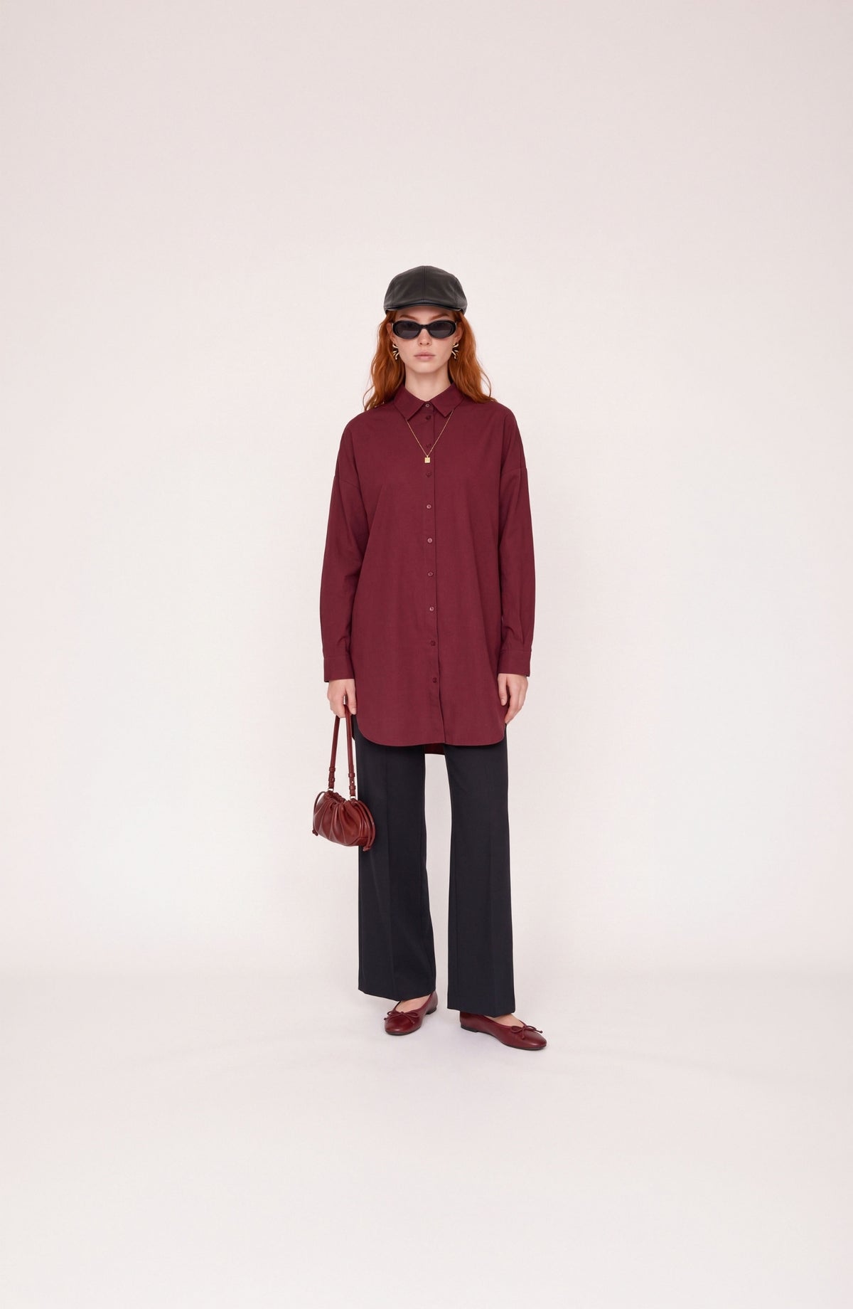 Basic Bordo Oversize Pamuk Gömlek