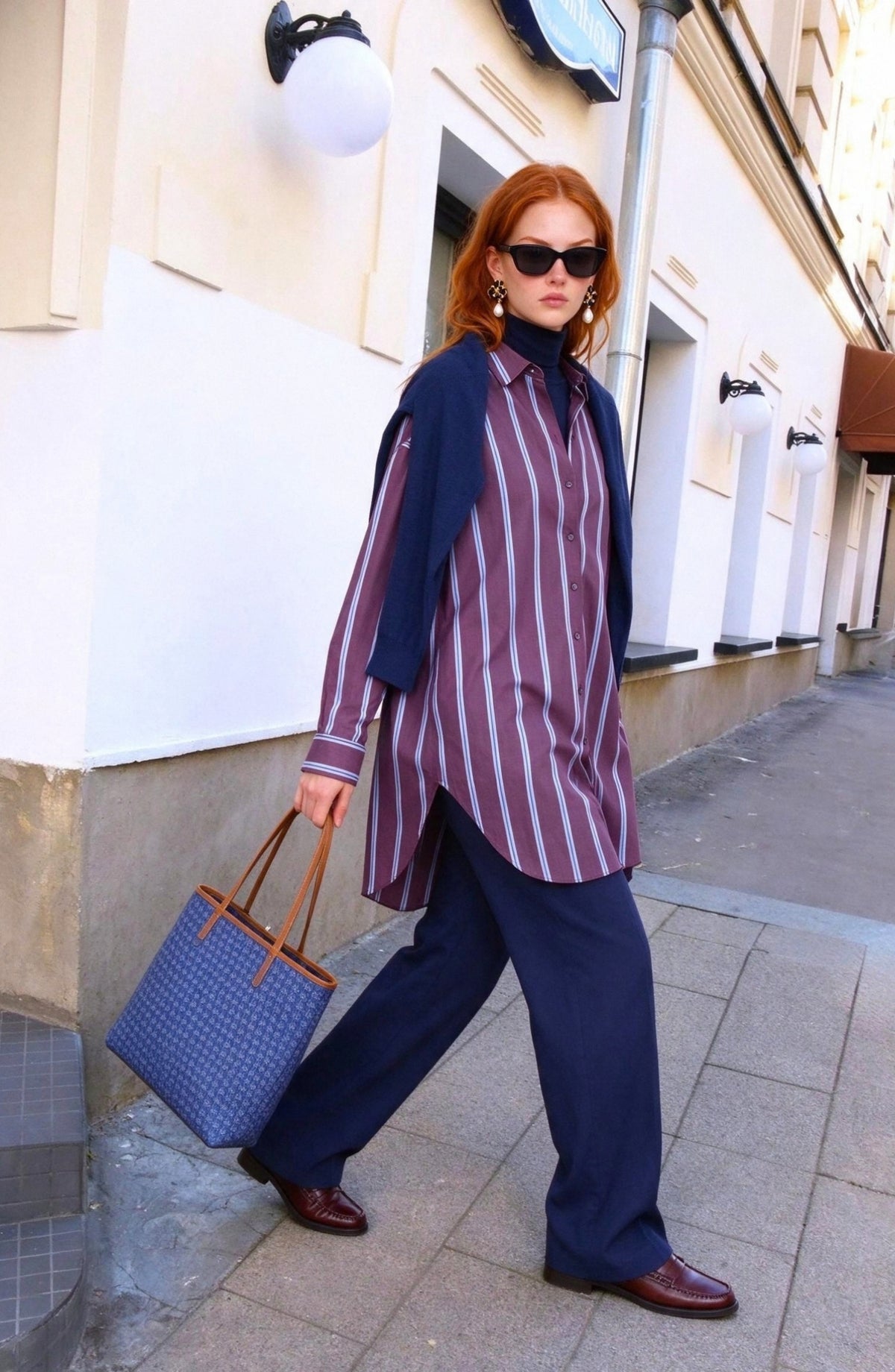 Basic Bordo-Mavi Çizgili Oversize Pamuk Gömlek
