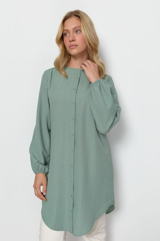 Gofre Büzgü Robalı Basic Mint Tunik