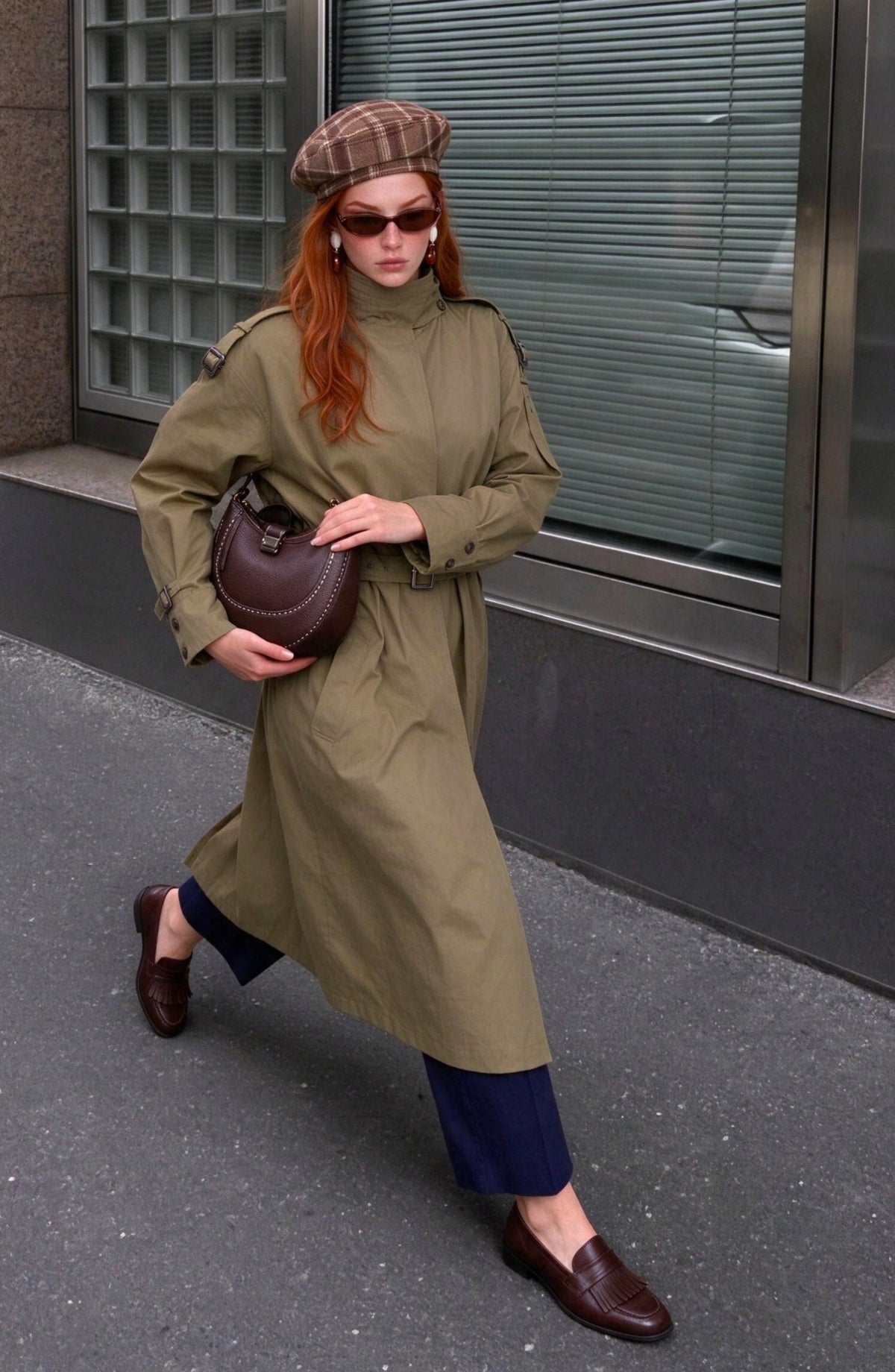 Dik Yaka Toka Kemerli Haki Oversize Trençkot