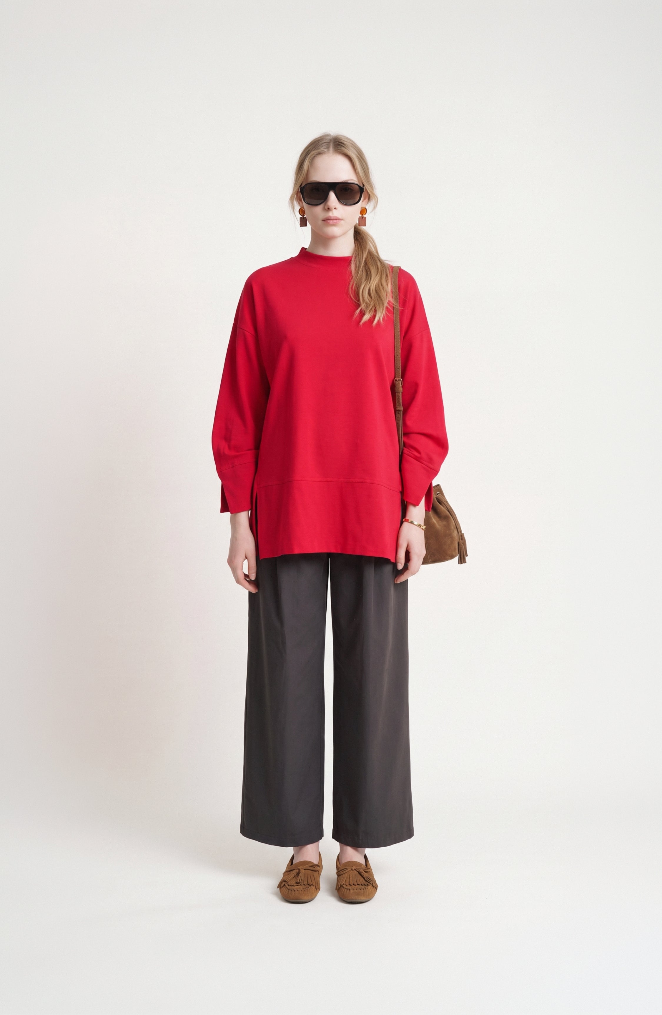 Basic Yırtmaçlı Kırmızı İnce Sweatshirt