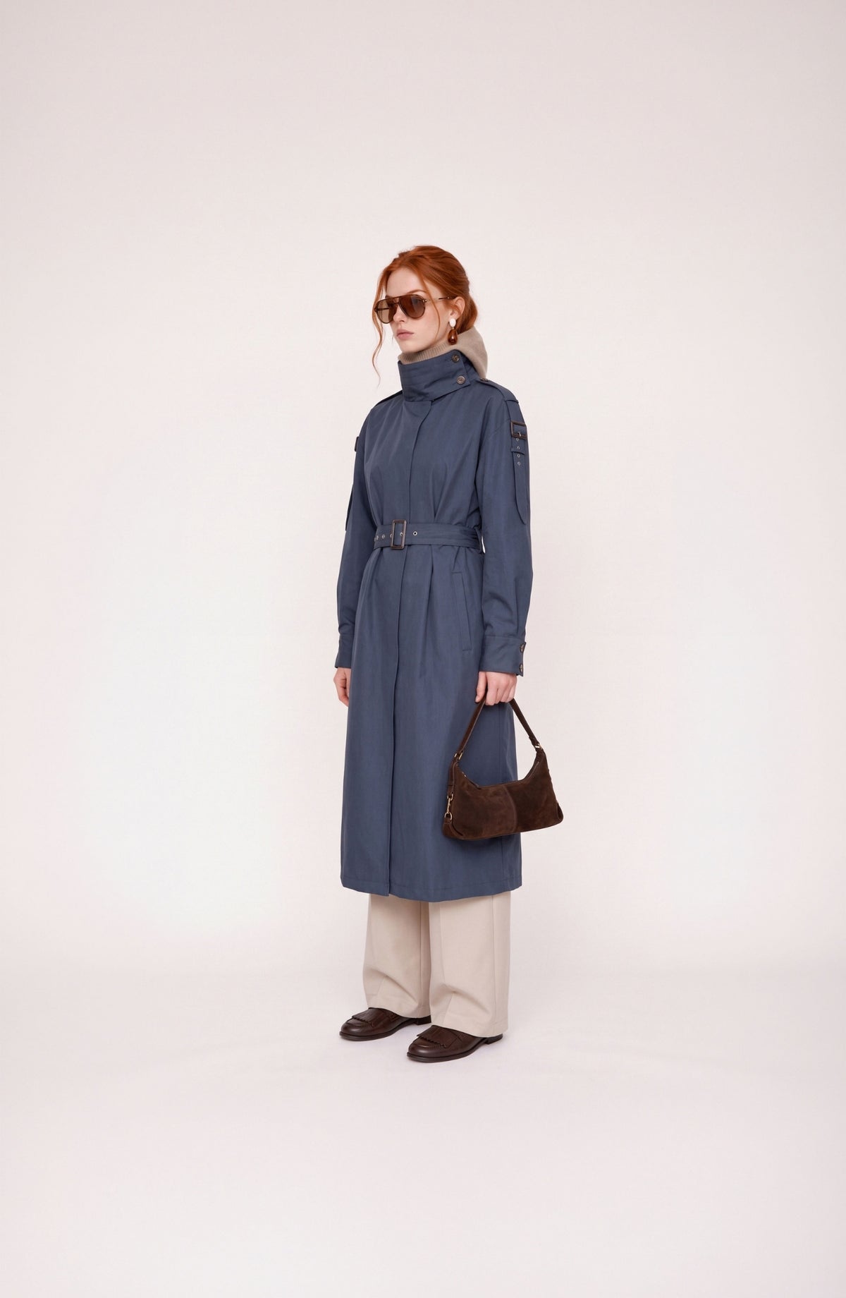 Dik Yaka Toka Kemerli Lacivert Oversize Trençkot