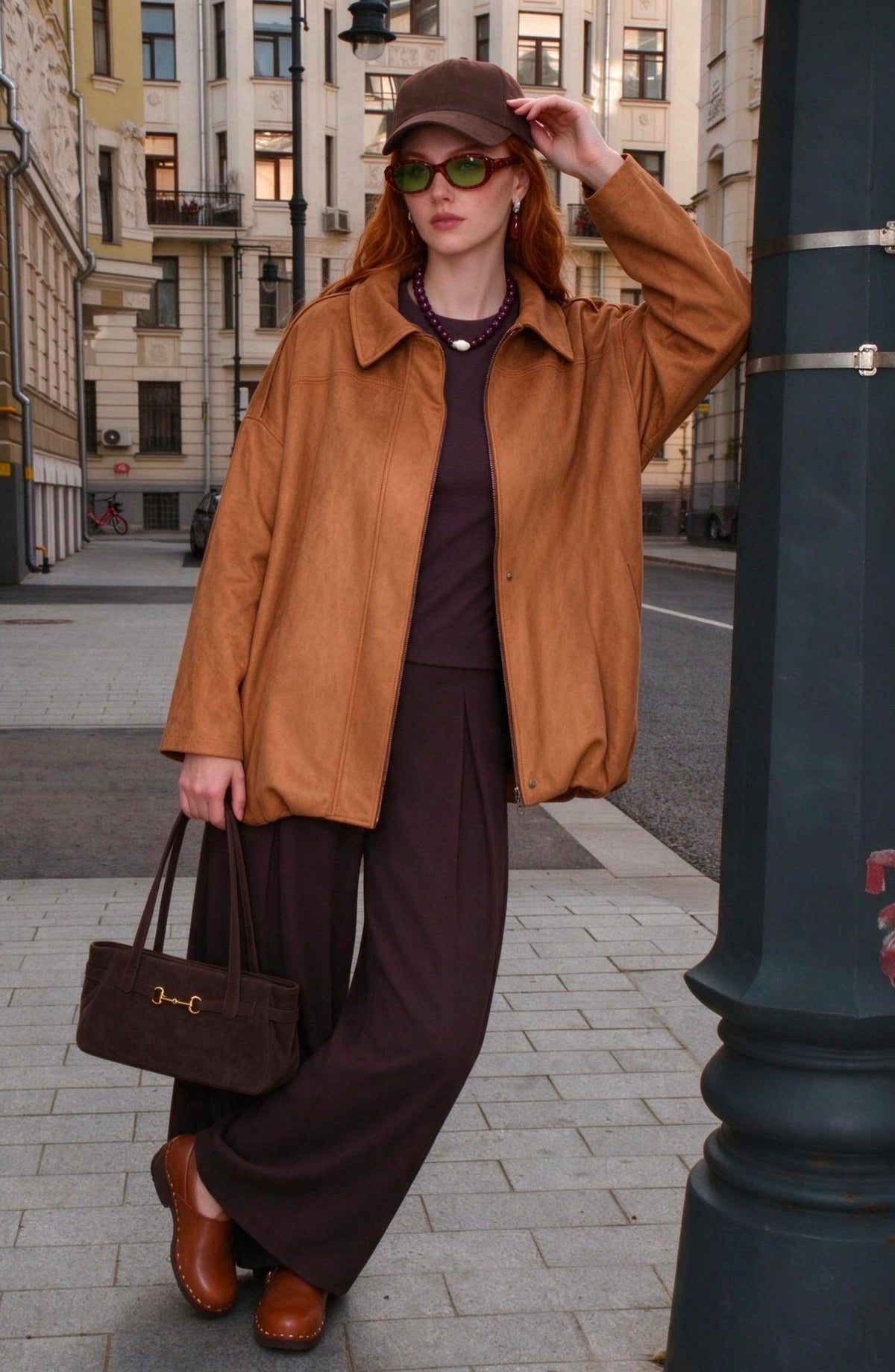 Fermuarlı Çıtçıtlı Astarlı Oversize Taba Süet Bomber Ceket