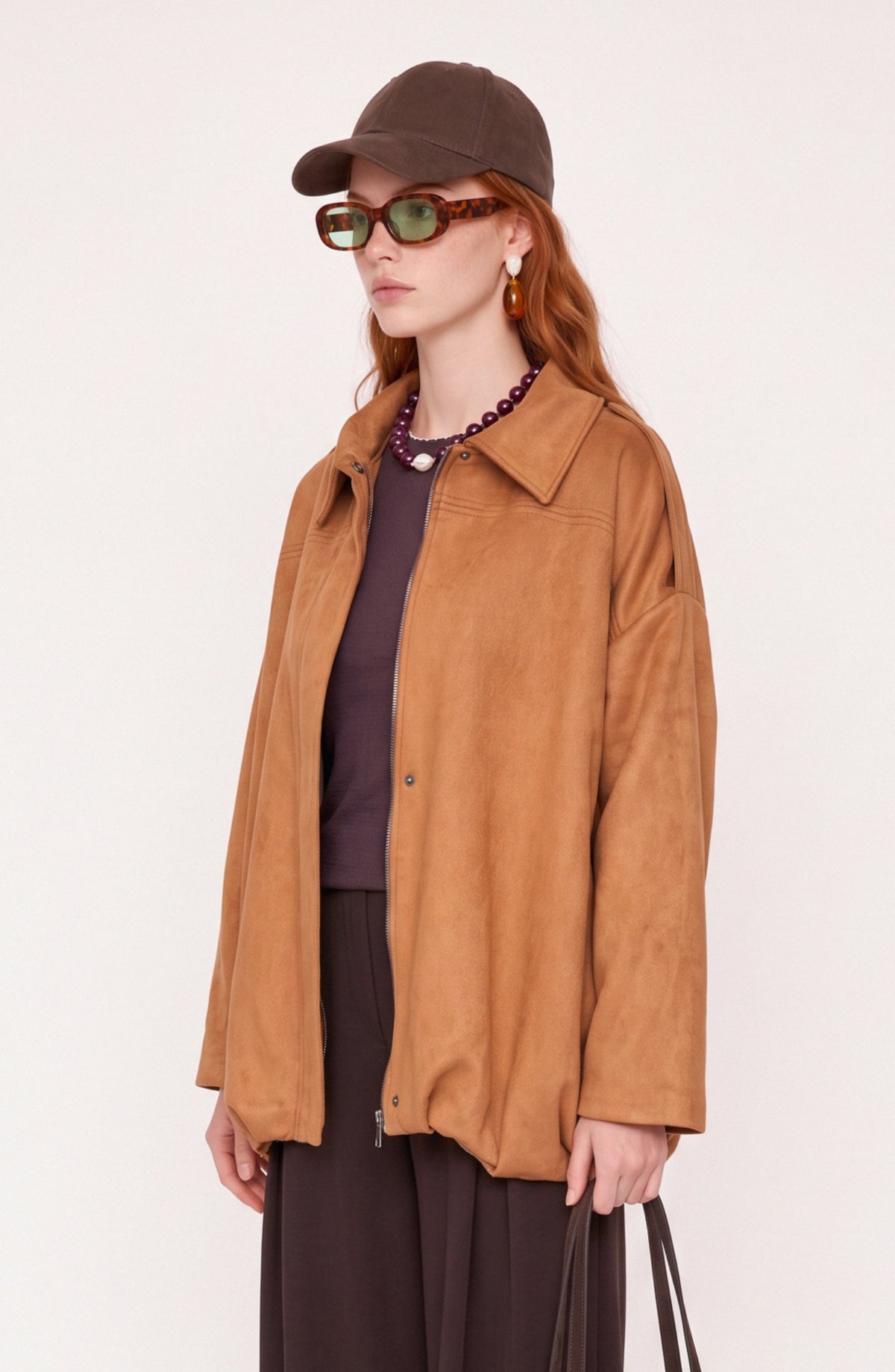 Fermuarlı Çıtçıtlı Astarlı Oversize Taba Süet Bomber Ceket