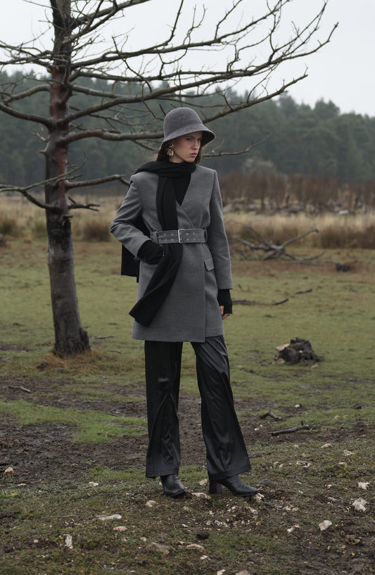 Kemerli Gri Kaşmir Ceket Kaban