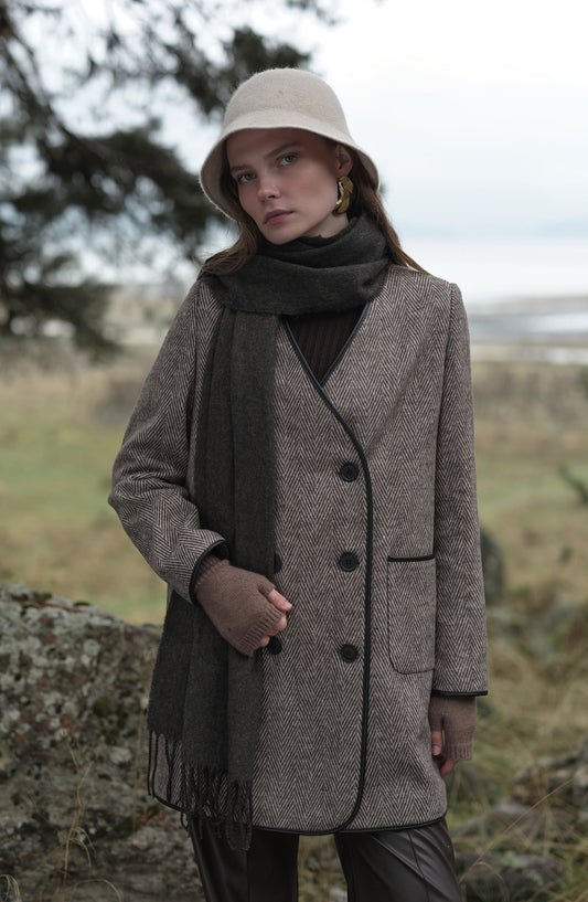 Deri Biyeli Balıksırtı Sütlü Kahve Ceket Kaban