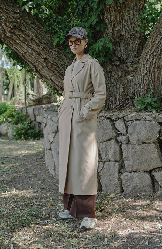 Oversize Sütlü Kahve Maksi Trençkot