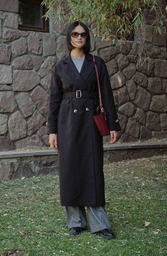 Oversize Siyah Maksi Trençkot