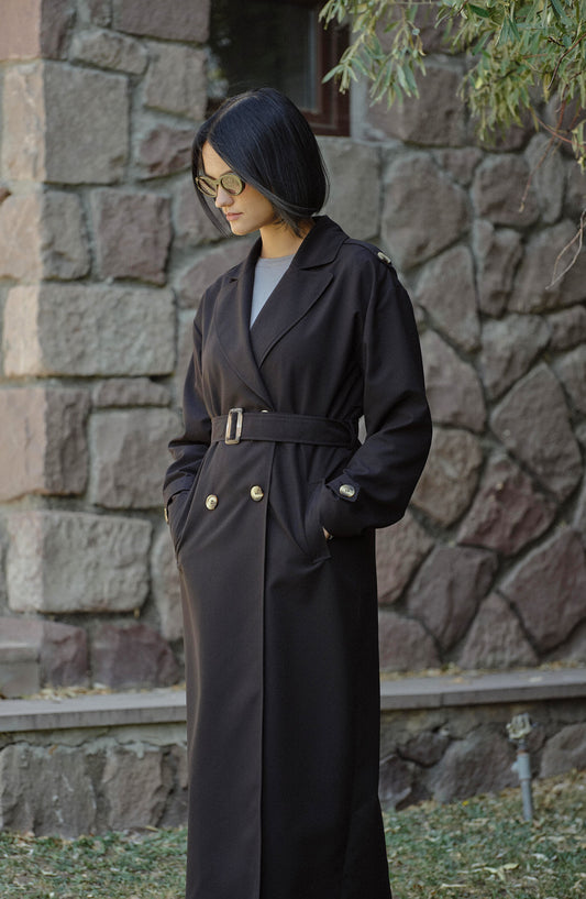 Oversize Siyah Maksi Trençkot