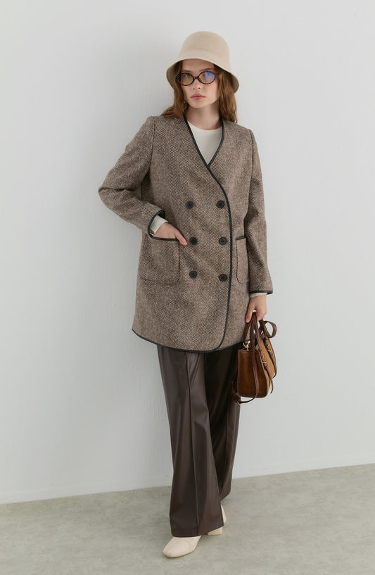 Deri Biyeli Balıksırtı Sütlü Kahve Ceket Kaban